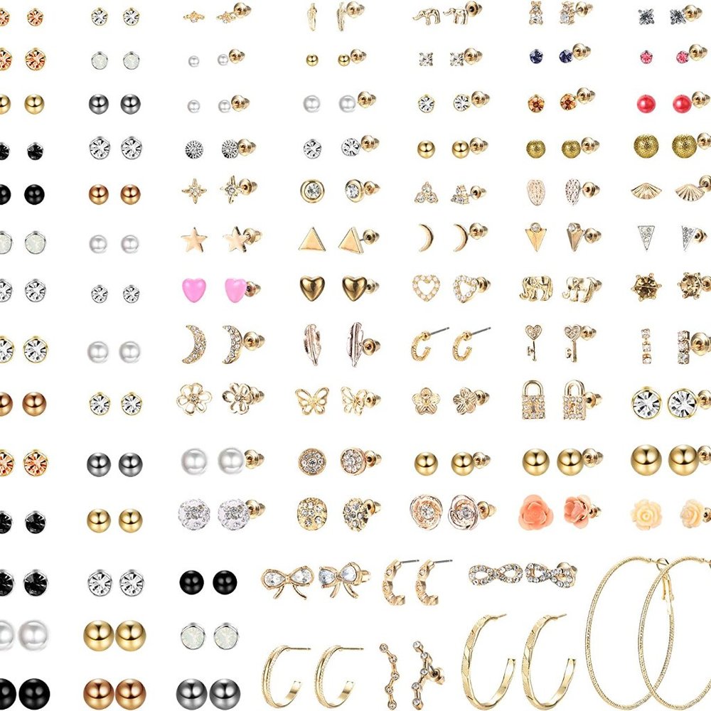 New 93 Pairs Assorted Multiple Stud Earrings Set FREE SUNGLASSES